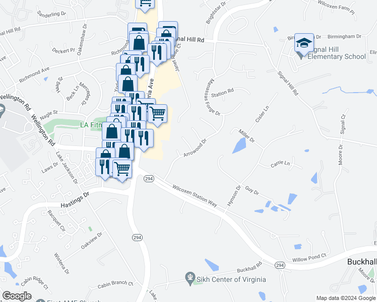 map of restaurants, bars, coffee shops, grocery stores, and more near 9884 Arrowood Drive in Manassas