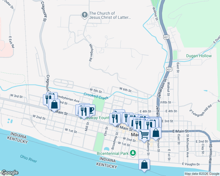 map of restaurants, bars, coffee shops, grocery stores, and more near 301 West 5th Street in Madison