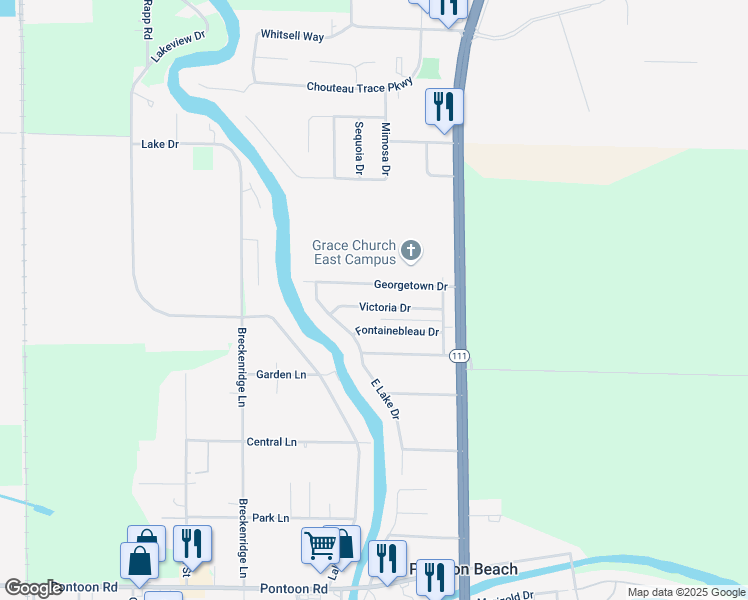 map of restaurants, bars, coffee shops, grocery stores, and more near 23 Fontainebleau Drive in Pontoon Beach