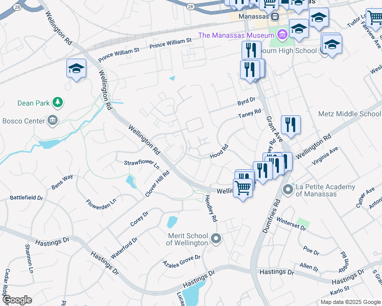 map of restaurants, bars, coffee shops, grocery stores, and more near 9199 Merrybell Court in Manassas