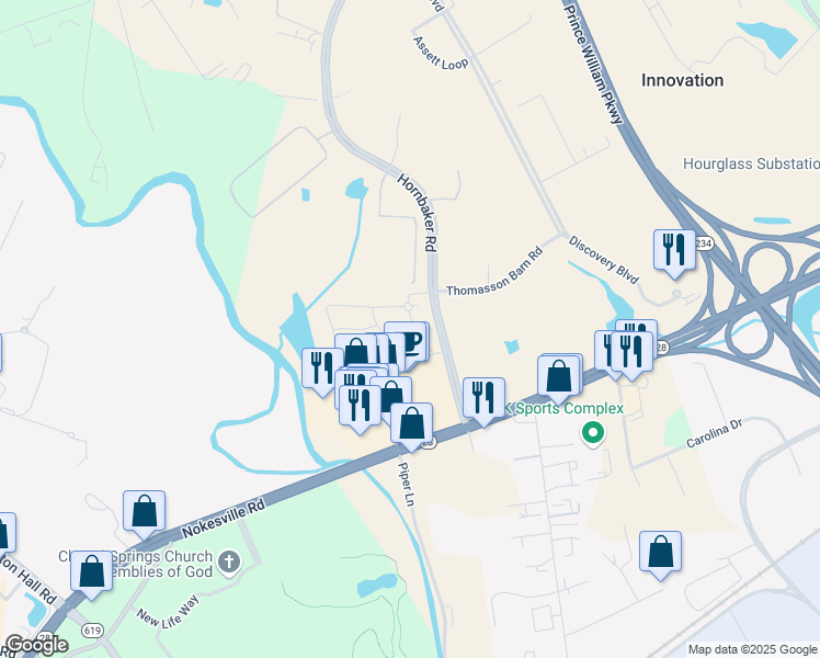 map of restaurants, bars, coffee shops, grocery stores, and more near 11212 Partnership Lane in Manassas