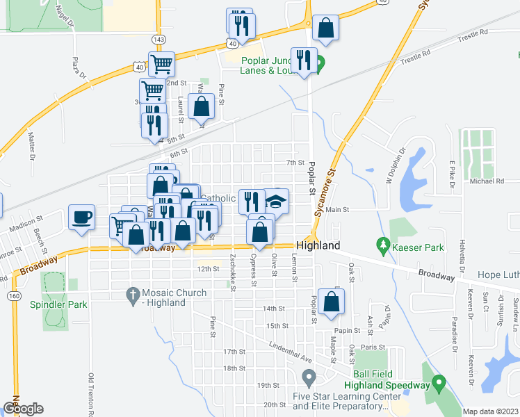 map of restaurants, bars, coffee shops, grocery stores, and more near 1306 9th Street in Highland
