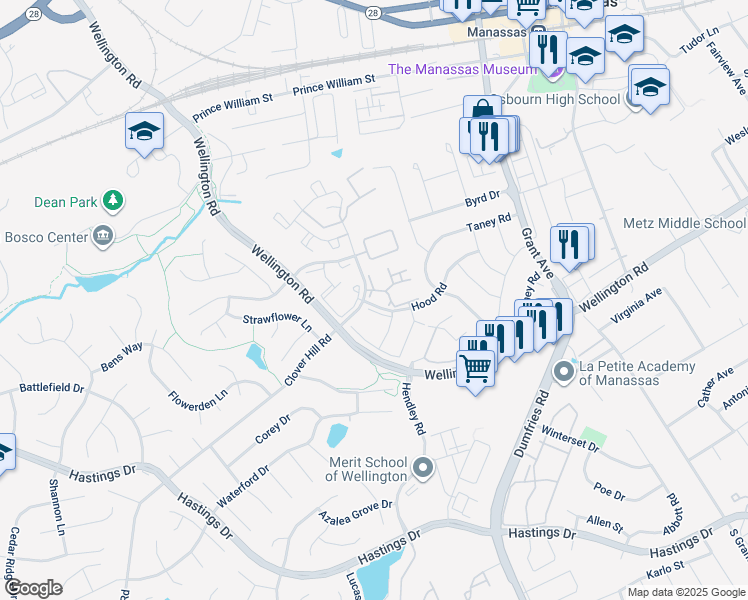 map of restaurants, bars, coffee shops, grocery stores, and more near 9199 Merrybell Court in Manassas