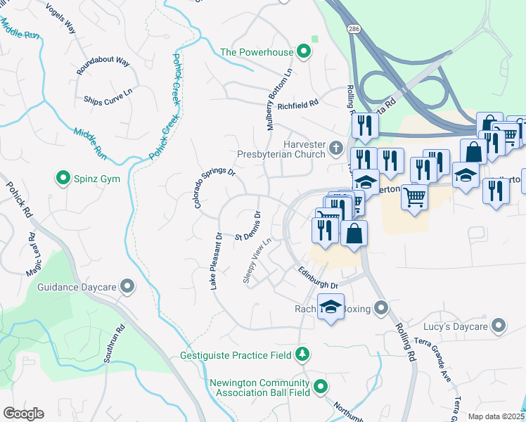 map of restaurants, bars, coffee shops, grocery stores, and more near 7915 Saint Dennis Drive in Springfield