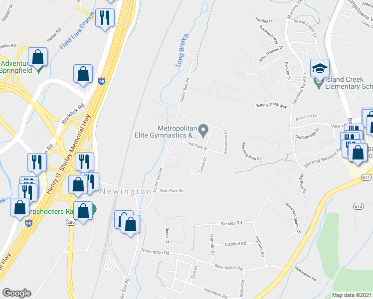 map of restaurants, bars, coffee shops, grocery stores, and more near 6833 Hill Park Drive in Lorton
