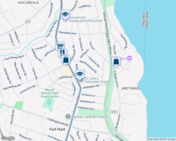 map of restaurants, bars, coffee shops, grocery stores, and more near 1136 Greenway Road in Alexandria