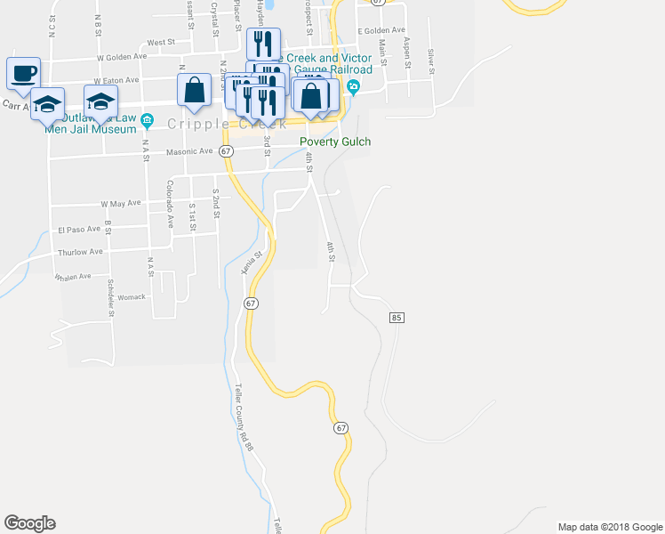 map of restaurants, bars, coffee shops, grocery stores, and more near 230 4th Street in Cripple Creek