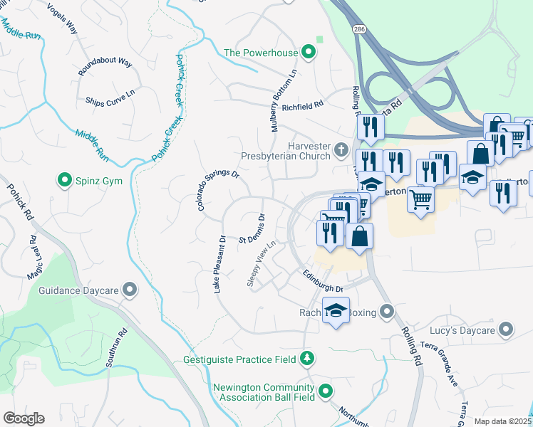 map of restaurants, bars, coffee shops, grocery stores, and more near 7915 Saint Dennis Drive in Springfield