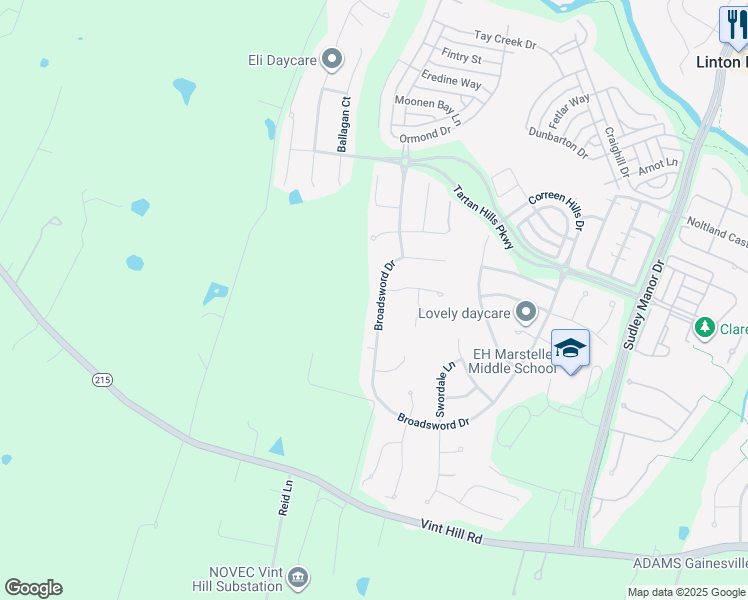 map of restaurants, bars, coffee shops, grocery stores, and more near 10159 Broadsword Drive in Bristow