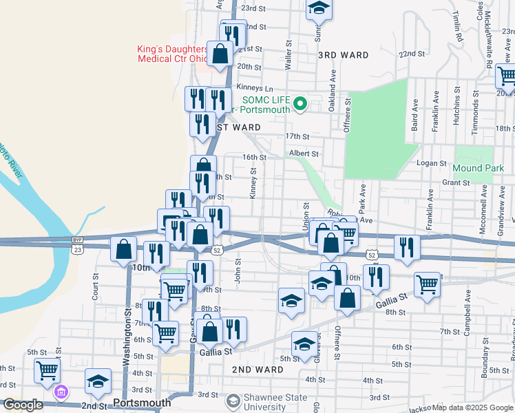 map of restaurants, bars, coffee shops, grocery stores, and more near 1412 Kinney Street in Portsmouth