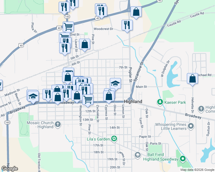 map of restaurants, bars, coffee shops, grocery stores, and more near 1306 8th Street in Highland