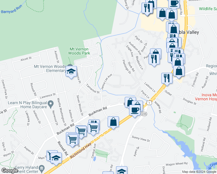 map of restaurants, bars, coffee shops, grocery stores, and more near 7995 Audubon Avenue in Alexandria