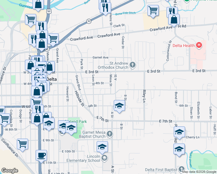 map of restaurants, bars, coffee shops, grocery stores, and more near 406 Mesa Street in Delta