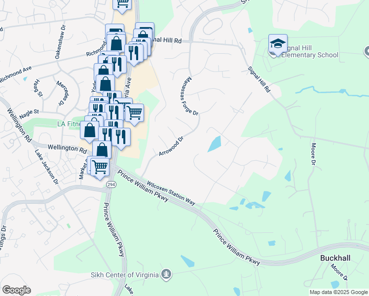 map of restaurants, bars, coffee shops, grocery stores, and more near 8017 Guy Drive in Manassas