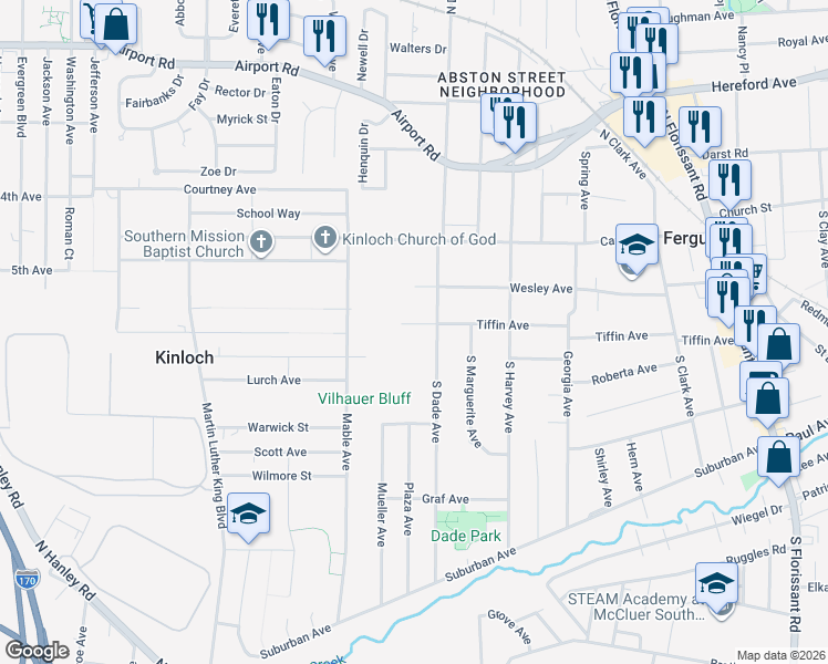 map of restaurants, bars, coffee shops, grocery stores, and more near 823 Tiffin Avenue in Ferguson