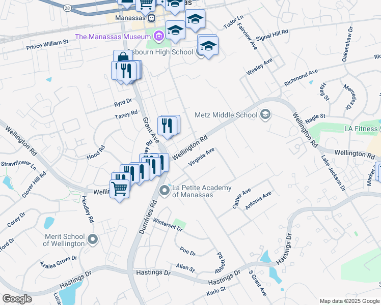 map of restaurants, bars, coffee shops, grocery stores, and more near 9906 Wellington Road in Manassas