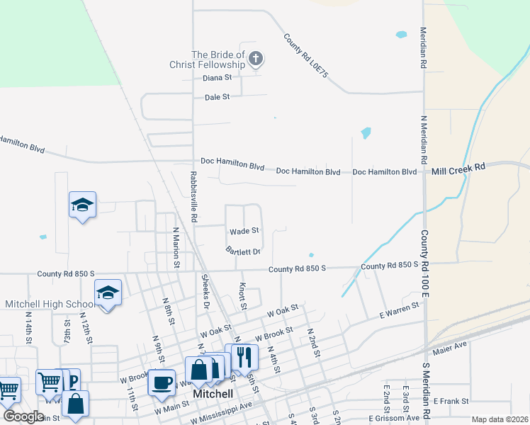 map of restaurants, bars, coffee shops, grocery stores, and more near 335 Bartlett Drive in Mitchell
