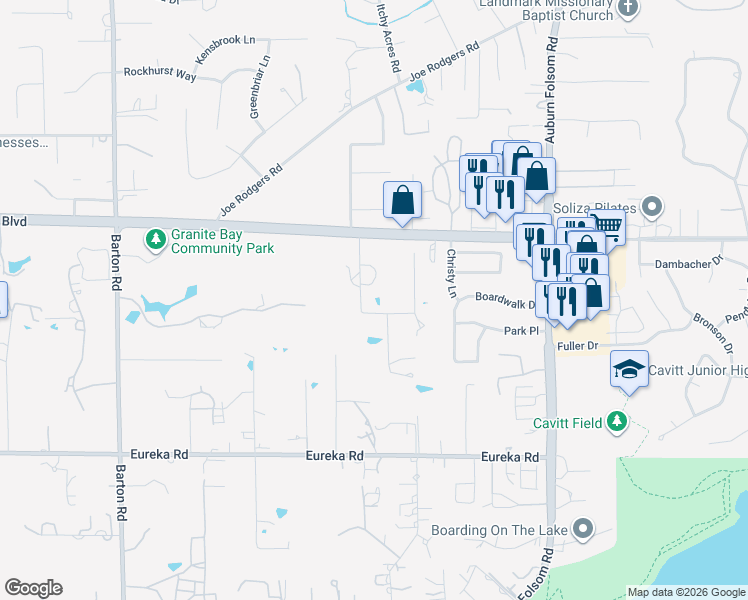 map of restaurants, bars, coffee shops, grocery stores, and more near 6535 Arabian Circle in Granite Bay