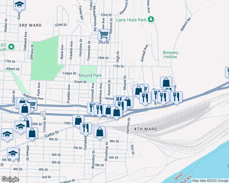 map of restaurants, bars, coffee shops, grocery stores, and more near 1418 Summit Street in Portsmouth
