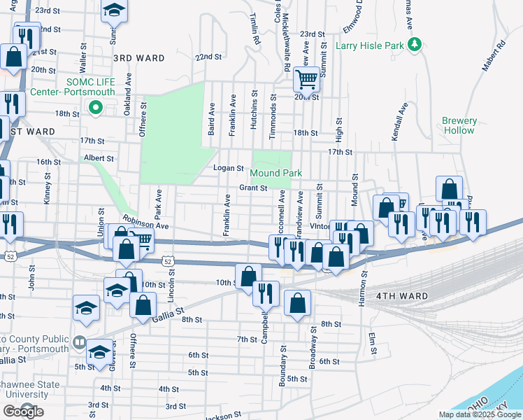 map of restaurants, bars, coffee shops, grocery stores, and more near 1816 Highland Avenue in Portsmouth