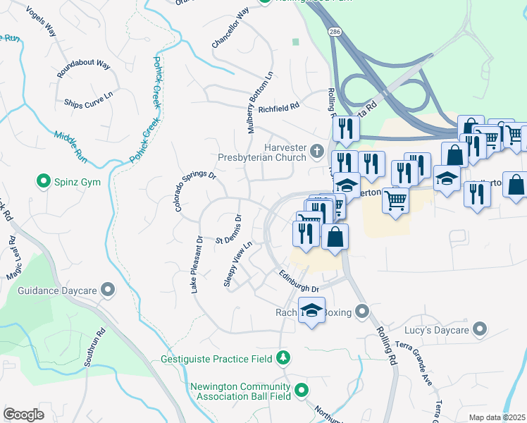 map of restaurants, bars, coffee shops, grocery stores, and more near 7910 Lake Pleasant Drive in Springfield