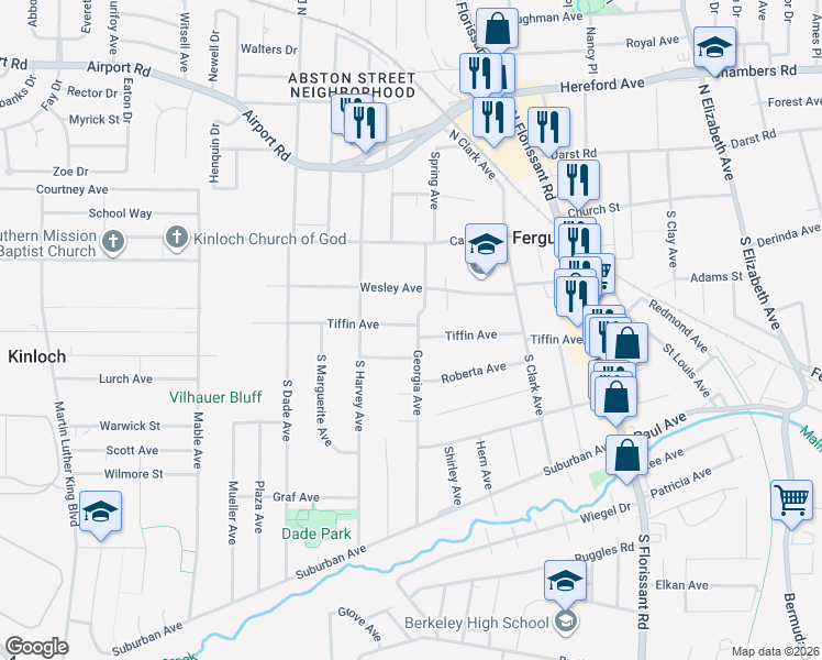 map of restaurants, bars, coffee shops, grocery stores, and more near 115 Georgia Avenue in Ferguson