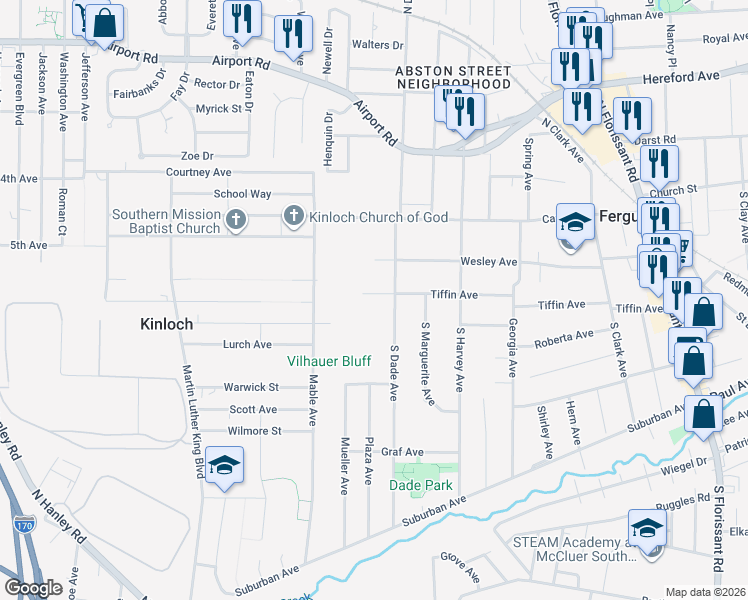 map of restaurants, bars, coffee shops, grocery stores, and more near 823 Tiffin Avenue in Ferguson