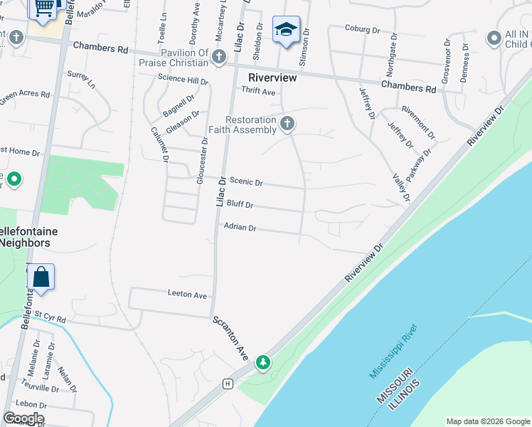 map of restaurants, bars, coffee shops, grocery stores, and more near 441 Bluff Drive in St. Louis
