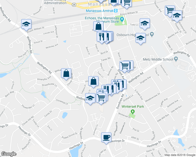 map of restaurants, bars, coffee shops, grocery stores, and more near 9349 Taney Road in Manassas