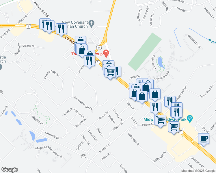map of restaurants, bars, coffee shops, grocery stores, and more near 1416 Delaware 1 in Lewes