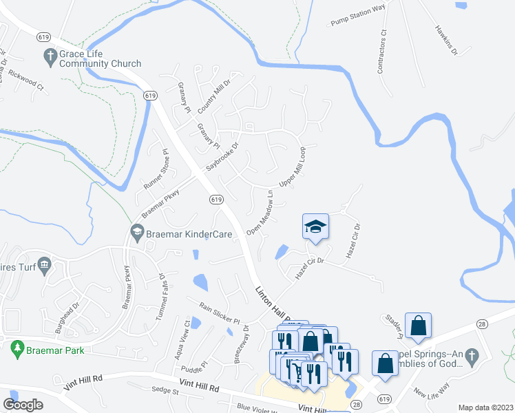 map of restaurants, bars, coffee shops, grocery stores, and more near 12157 Cheshire Court in Bristow