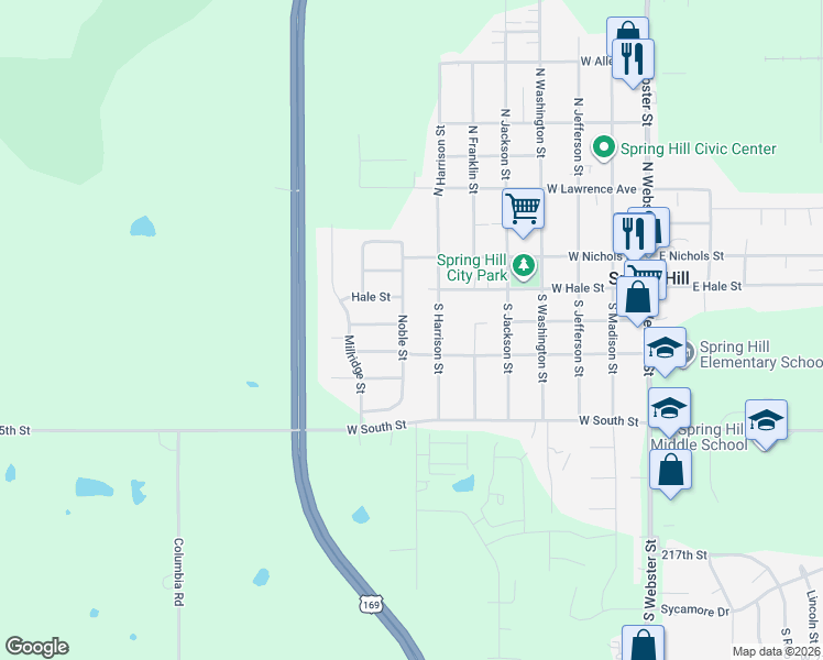 map of restaurants, bars, coffee shops, grocery stores, and more near 21281 Noble Street in Spring Hill