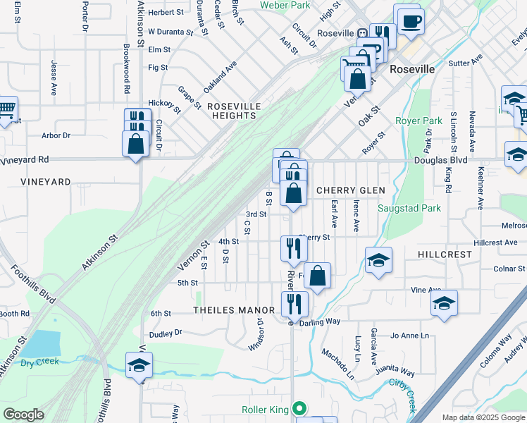 map of restaurants, bars, coffee shops, grocery stores, and more near 204 3rd Street in Roseville