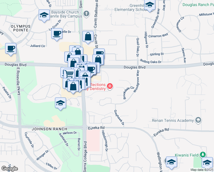 map of restaurants, bars, coffee shops, grocery stores, and more near 4220 Douglas Boulevard in Granite Bay