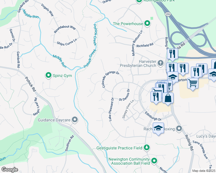 map of restaurants, bars, coffee shops, grocery stores, and more near 8003 Rivermont Court in Springfield