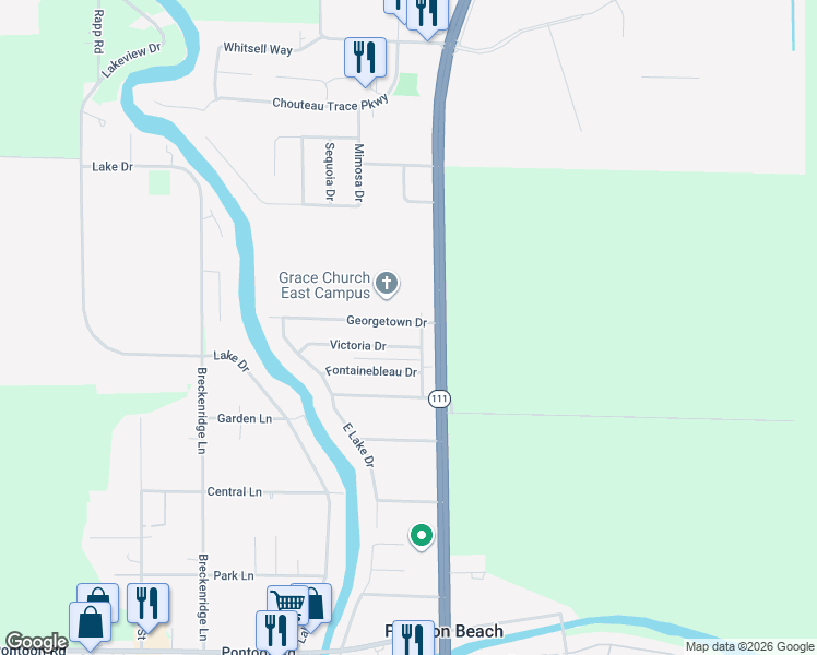 map of restaurants, bars, coffee shops, grocery stores, and more near 6 Georgetown Drive in Pontoon Beach