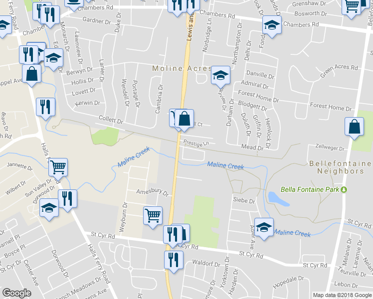 map of restaurants, bars, coffee shops, grocery stores, and more near 1280 Marquis Court in St. Louis