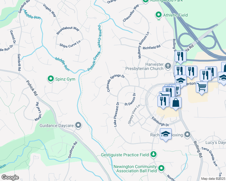 map of restaurants, bars, coffee shops, grocery stores, and more near 8003 Rivermont Court in Springfield