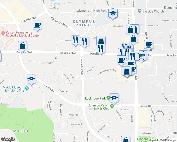 map of restaurants, bars, coffee shops, grocery stores, and more near Village Drive in Roseville
