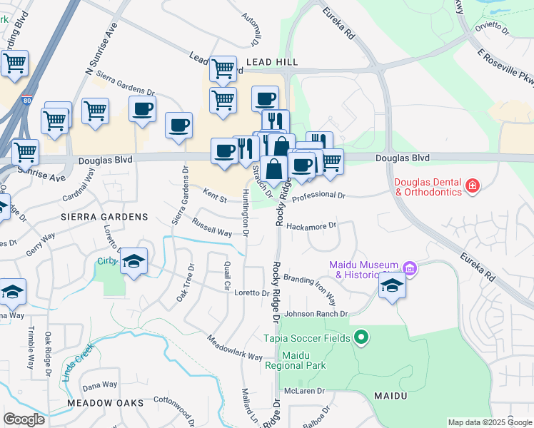 map of restaurants, bars, coffee shops, grocery stores, and more near 1790 Rocky Ridge Drive in Roseville