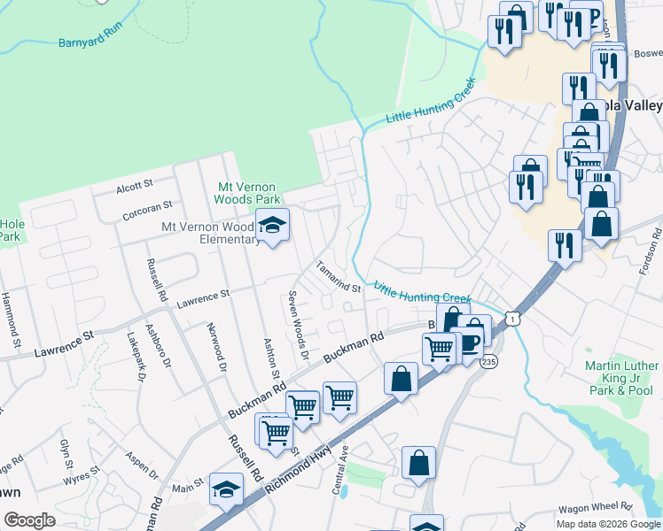 map of restaurants, bars, coffee shops, grocery stores, and more near 3805 Laramie Place in Alexandria