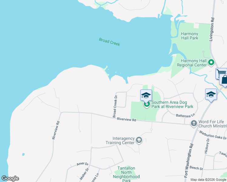 map of restaurants, bars, coffee shops, grocery stores, and more near 619 Broad Creek Drive in Fort Washington