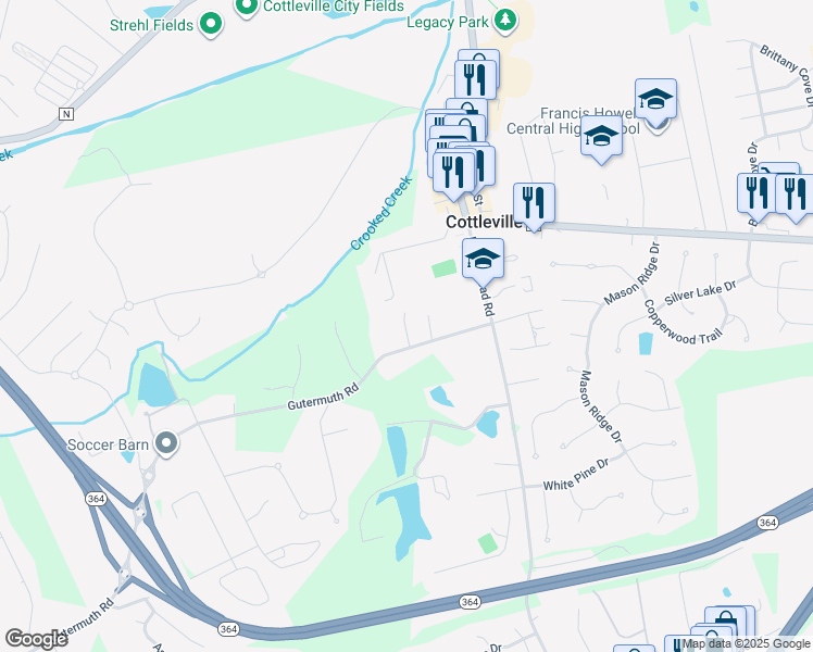 map of restaurants, bars, coffee shops, grocery stores, and more near 5225 Gutermuth Road in Cottleville