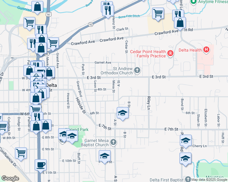 map of restaurants, bars, coffee shops, grocery stores, and more near 406 Mesa Street in Delta