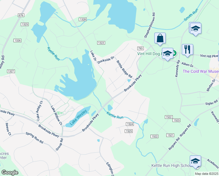 map of restaurants, bars, coffee shops, grocery stores, and more near 7195 Shepherdstown Road in Warrenton