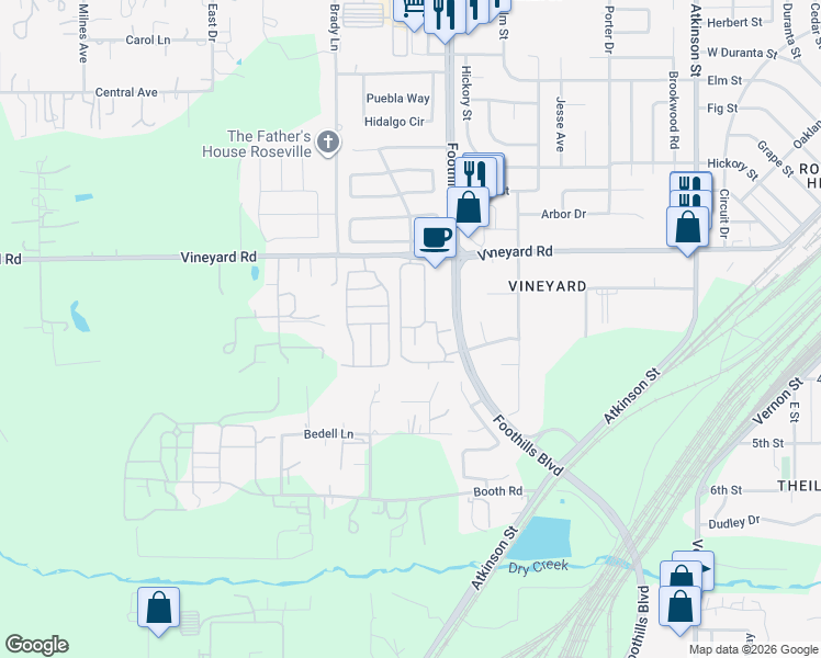 map of restaurants, bars, coffee shops, grocery stores, and more near 1601 Vineyard Road in Roseville