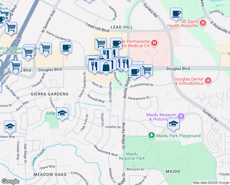 map of restaurants, bars, coffee shops, grocery stores, and more near 1734 Kent Street in Roseville