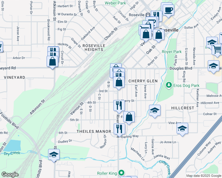 map of restaurants, bars, coffee shops, grocery stores, and more near 109 B Street in Roseville