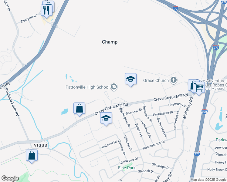 map of restaurants, bars, coffee shops, grocery stores, and more near 2497 Creve Coeur Mill Road in Maryland Heights