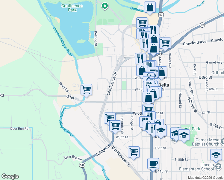 map of restaurants, bars, coffee shops, grocery stores, and more near 401 Silver Street in Delta
